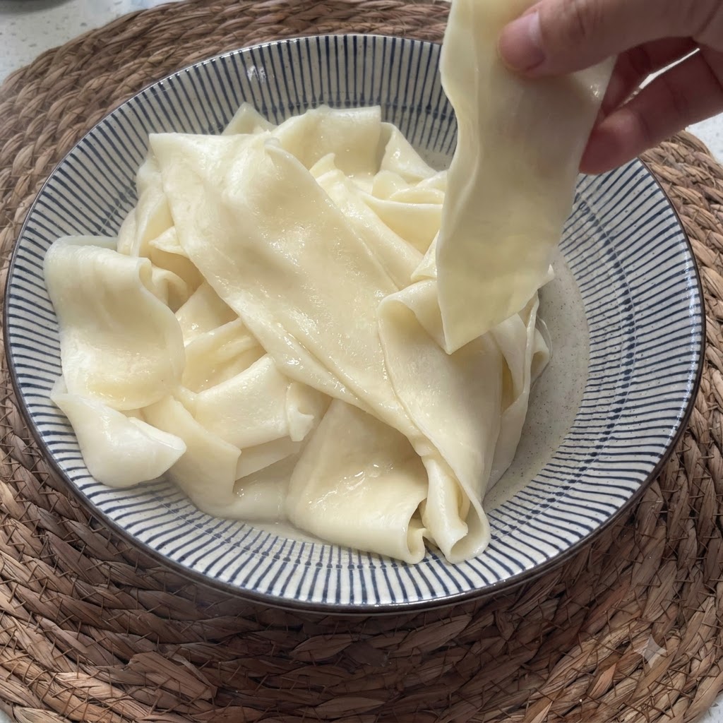 A bowl containing freshly boiled wide noodles being held up to show their smooth and pliable texture.