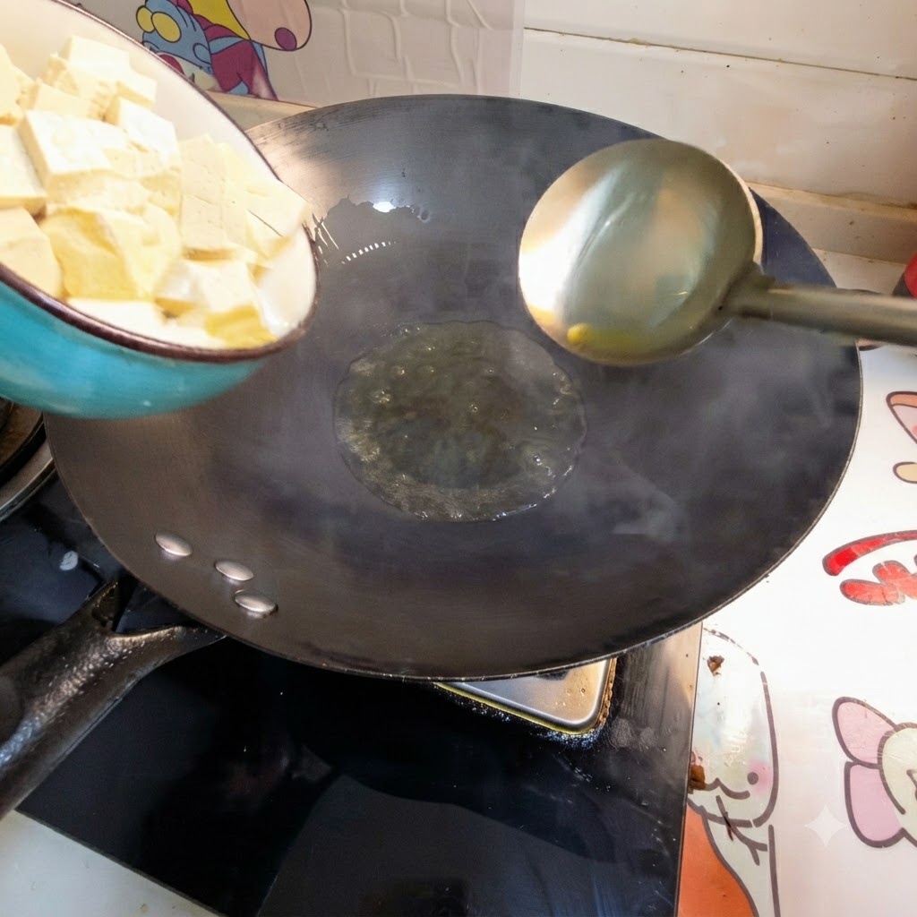 Tofu cubes being emptied from a bowl into hot oil inside a wok.