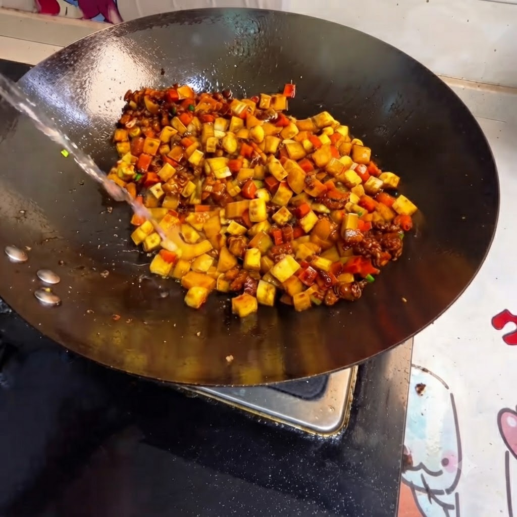 Stream of water being poured into a wok filled with diced vegetables and meat.