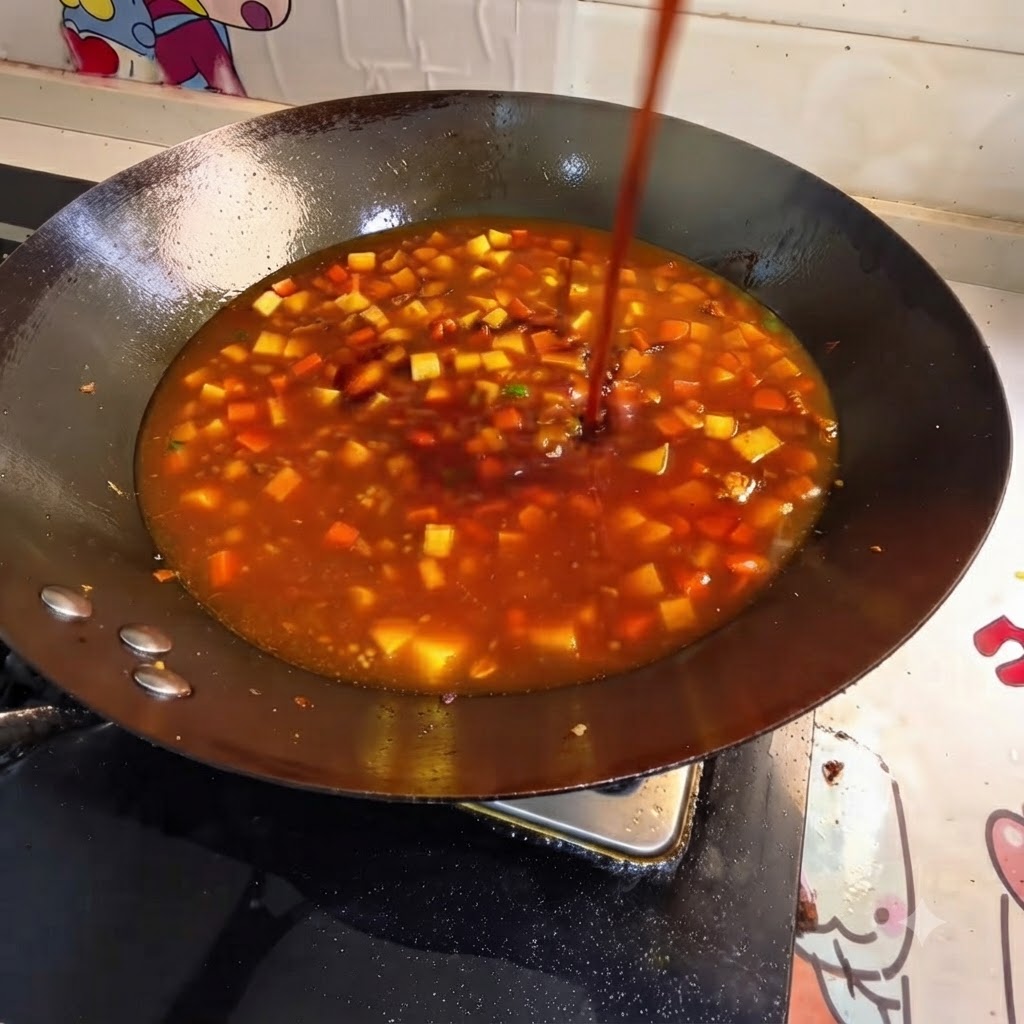 Seasonings and boiling water being poured into the wok with vegetables and tofu.