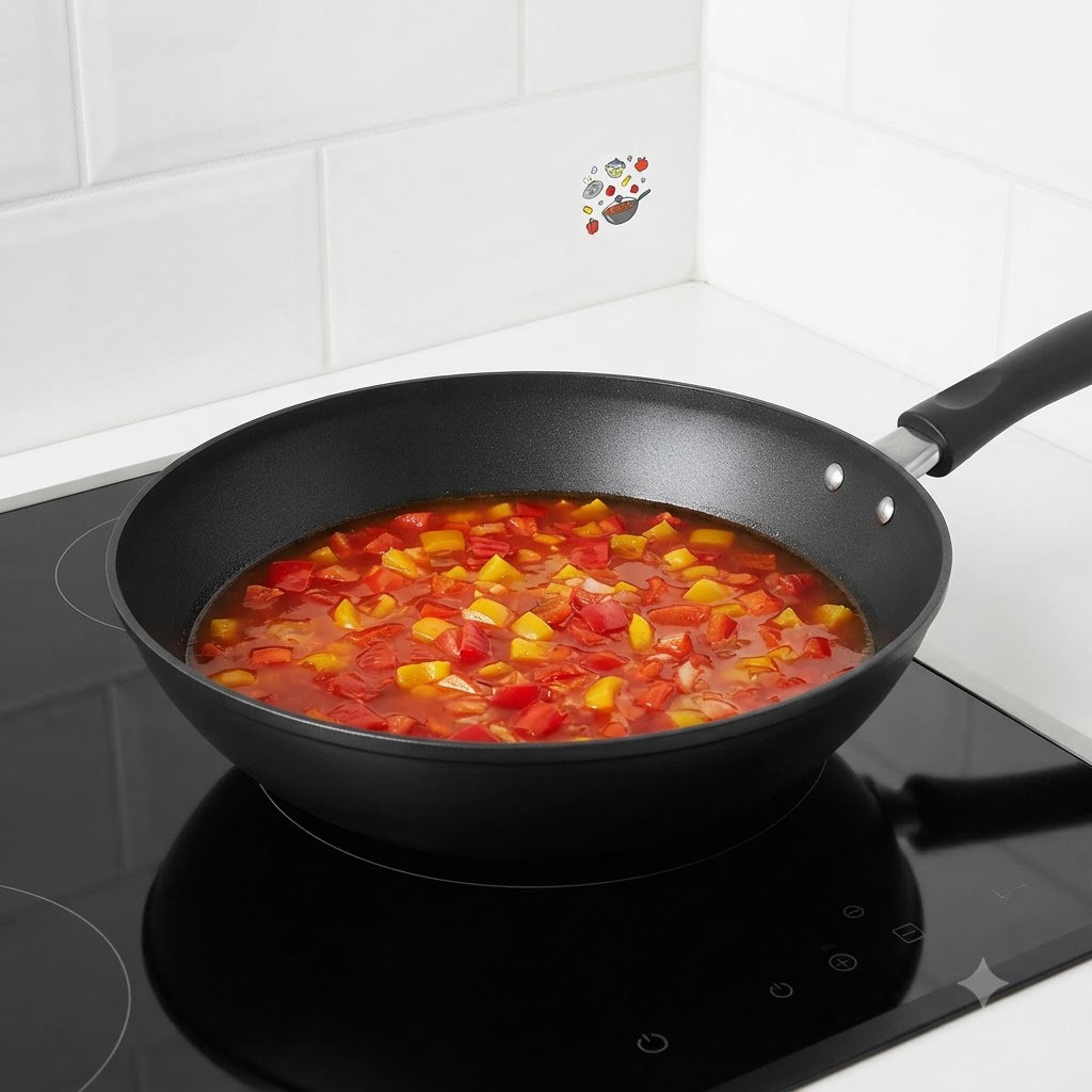 A covered wok sitting on a stove as the ingredients simmer inside.