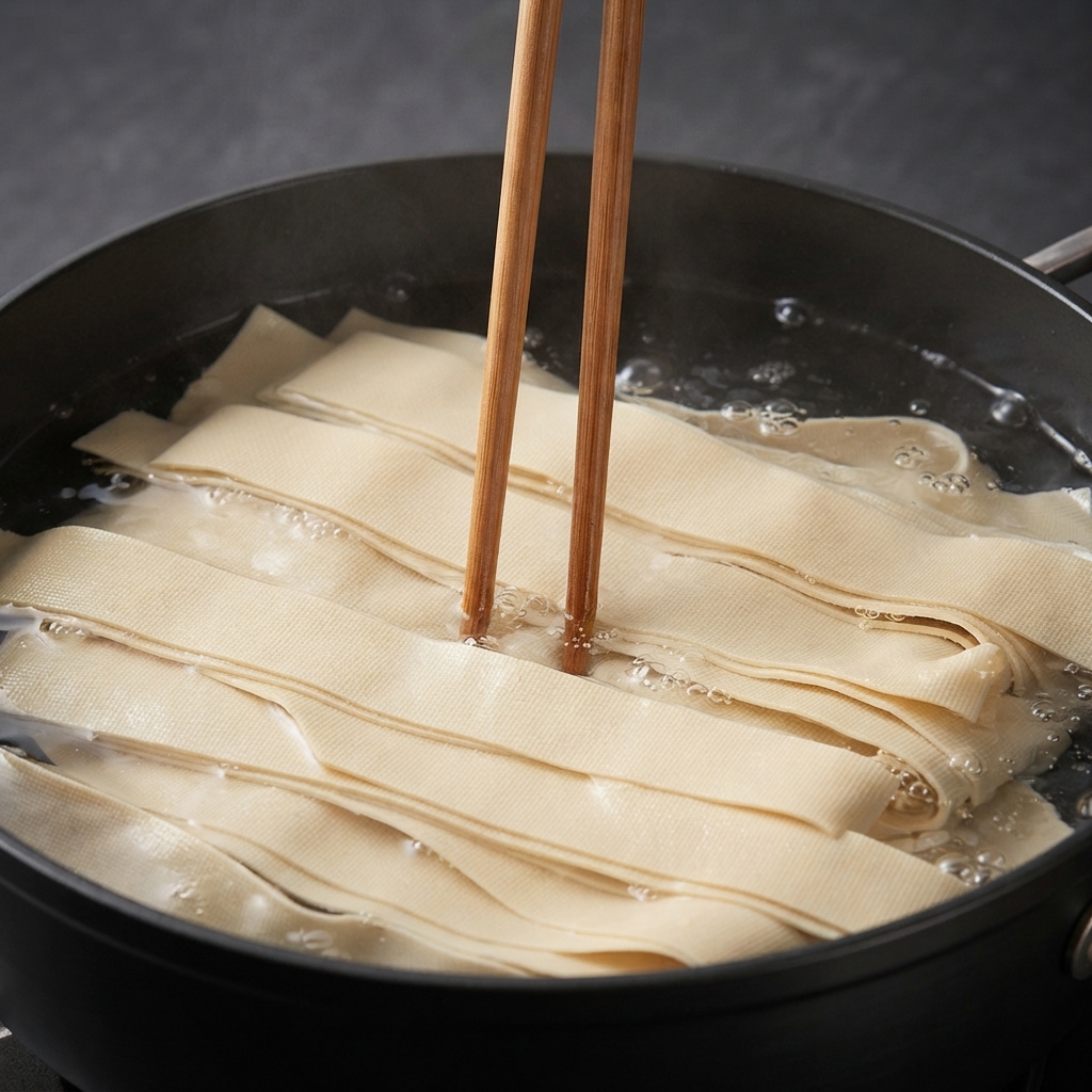 Dry wide noodles simmering in a pot of hot water with wooden chopsticks resting in the center.