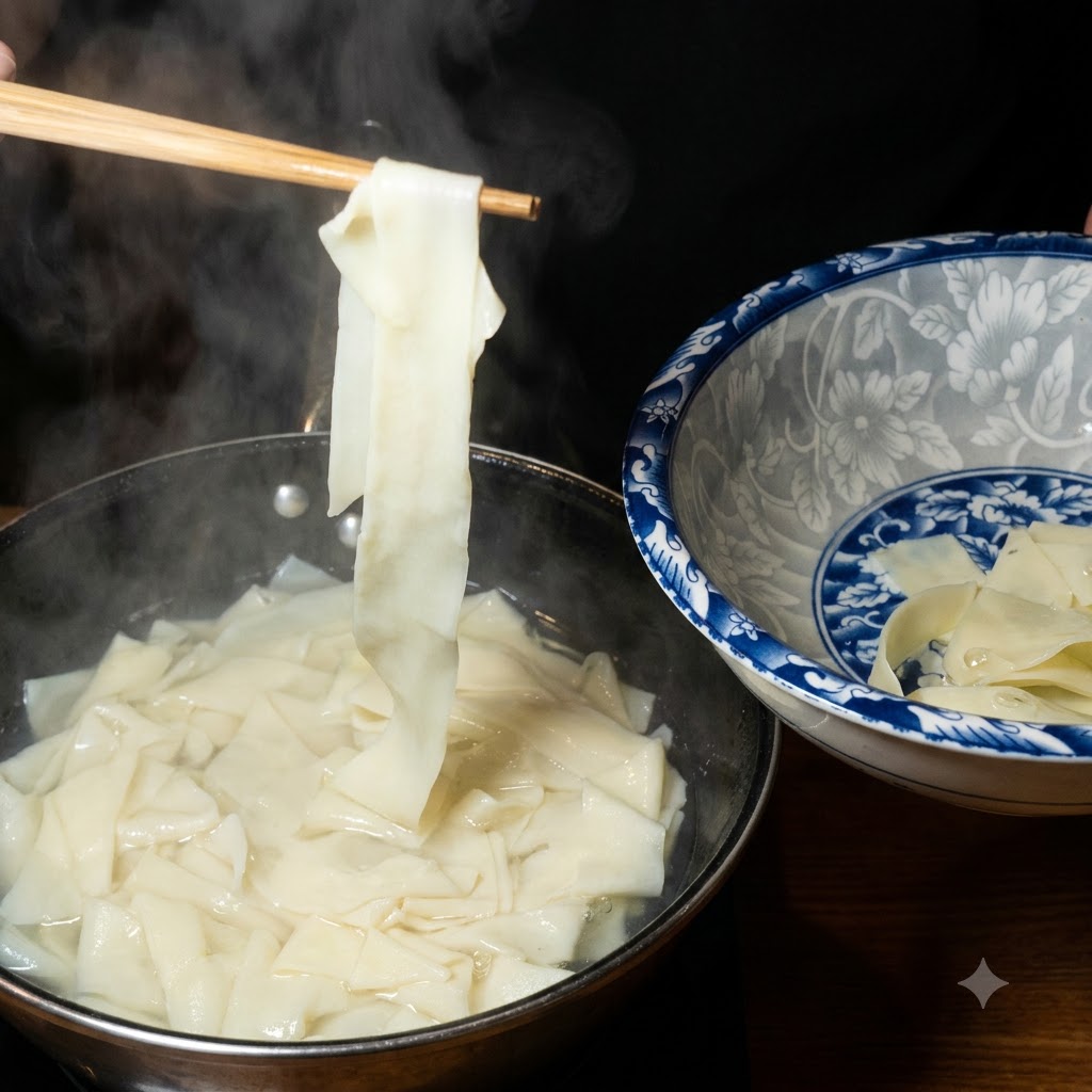 Wide noodles being lifted with chopsticks out of a boiling pot and placed into a blue and white ceramic bowl.