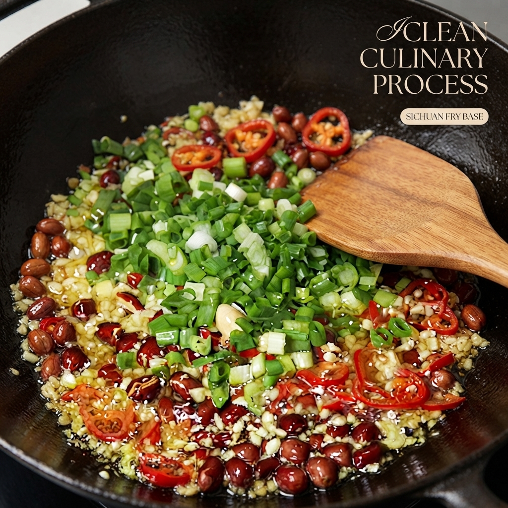 Freshly chopped green onions mixed into the sizzling chili and garlic base inside a wok, with a wooden spatula.