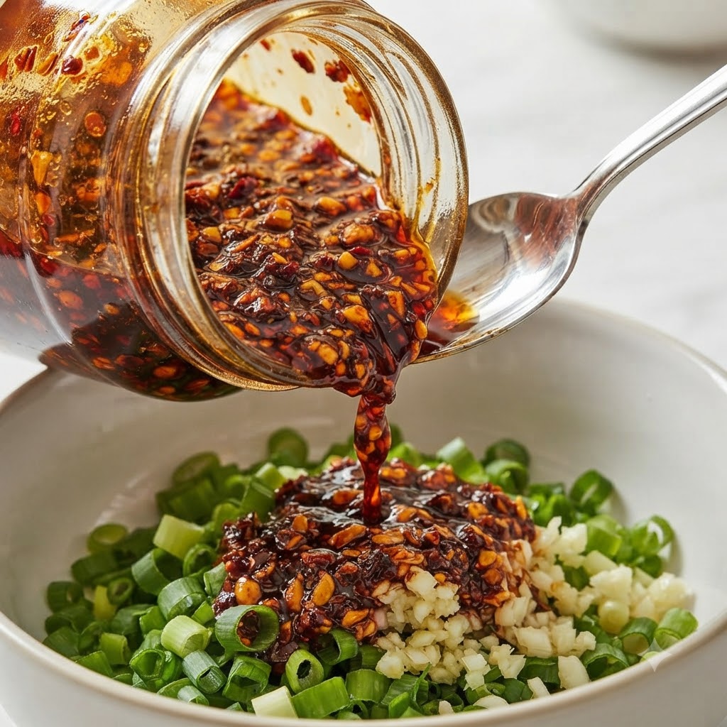 Dark beef chili sauce being poured from a glass jar with a spoon into a bowl of chopped green onions and garlic.