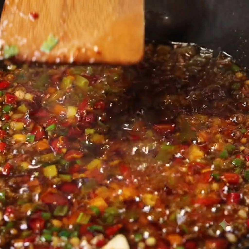 A wooden spatula stirring a simmering mixture of chili, garlic, and beef sauce in a wok.