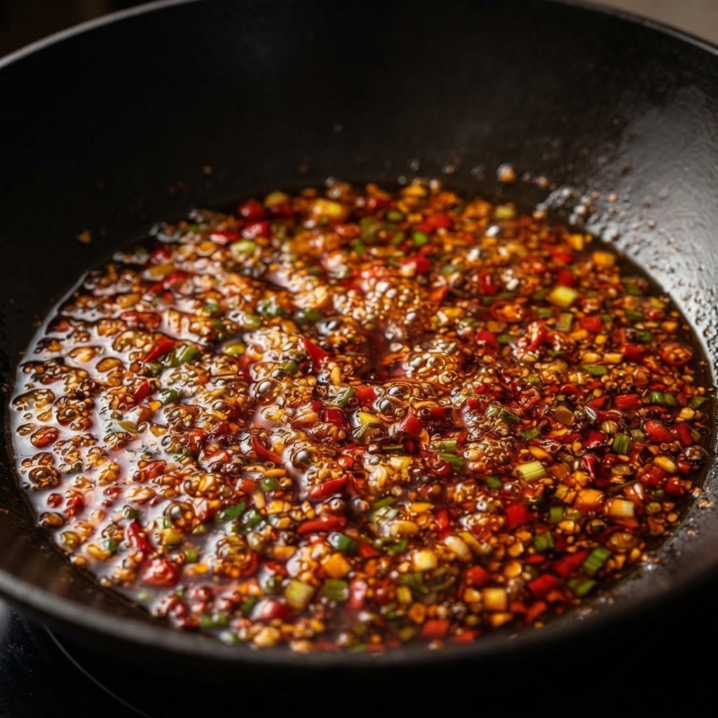 A black wok filled with a bubbling, vibrant red chili beef sauce mixed with chopped green onions, aromatics, and sesame seeds.