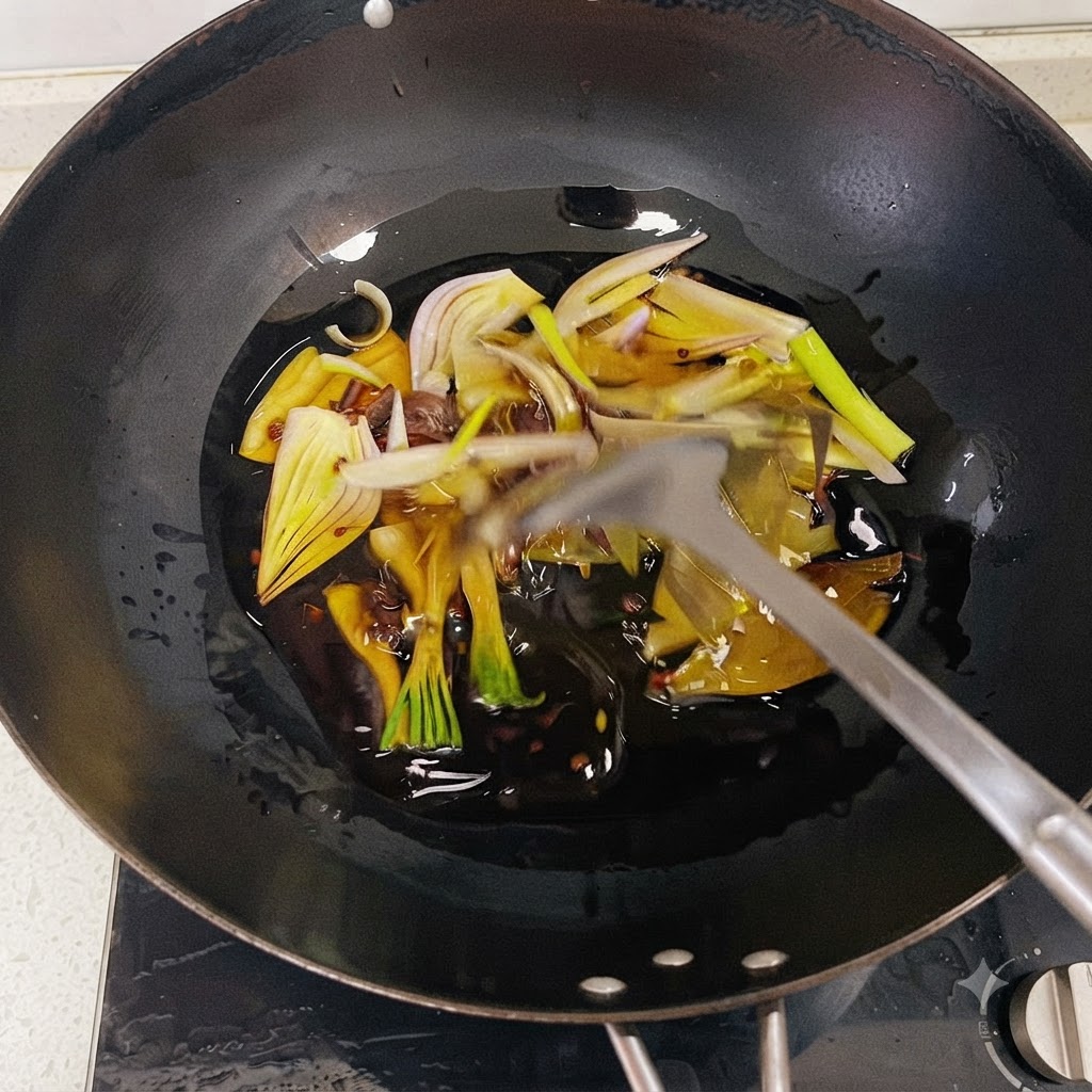 Aromatics including onion wedges, scallions, and spices frying in hot oil inside a wok.