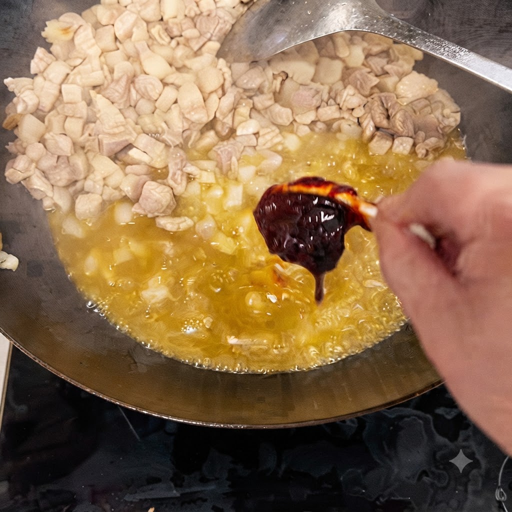 A spoonful of dark bean paste being added to cooked pork pieces floating in oil inside a wok.
