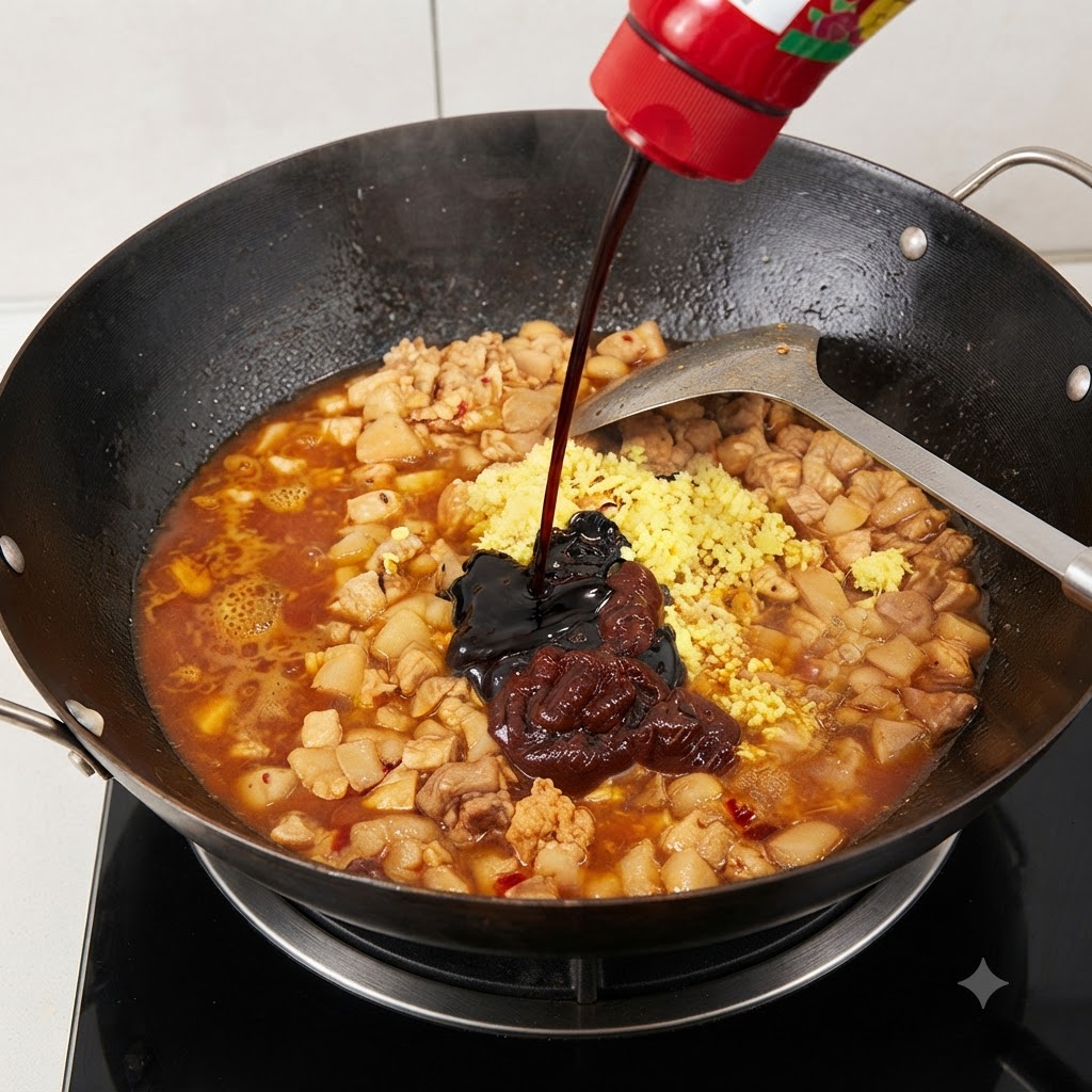 Soy sauce, oyster sauce, and rock sugar being poured into the wok with the meat and spices.