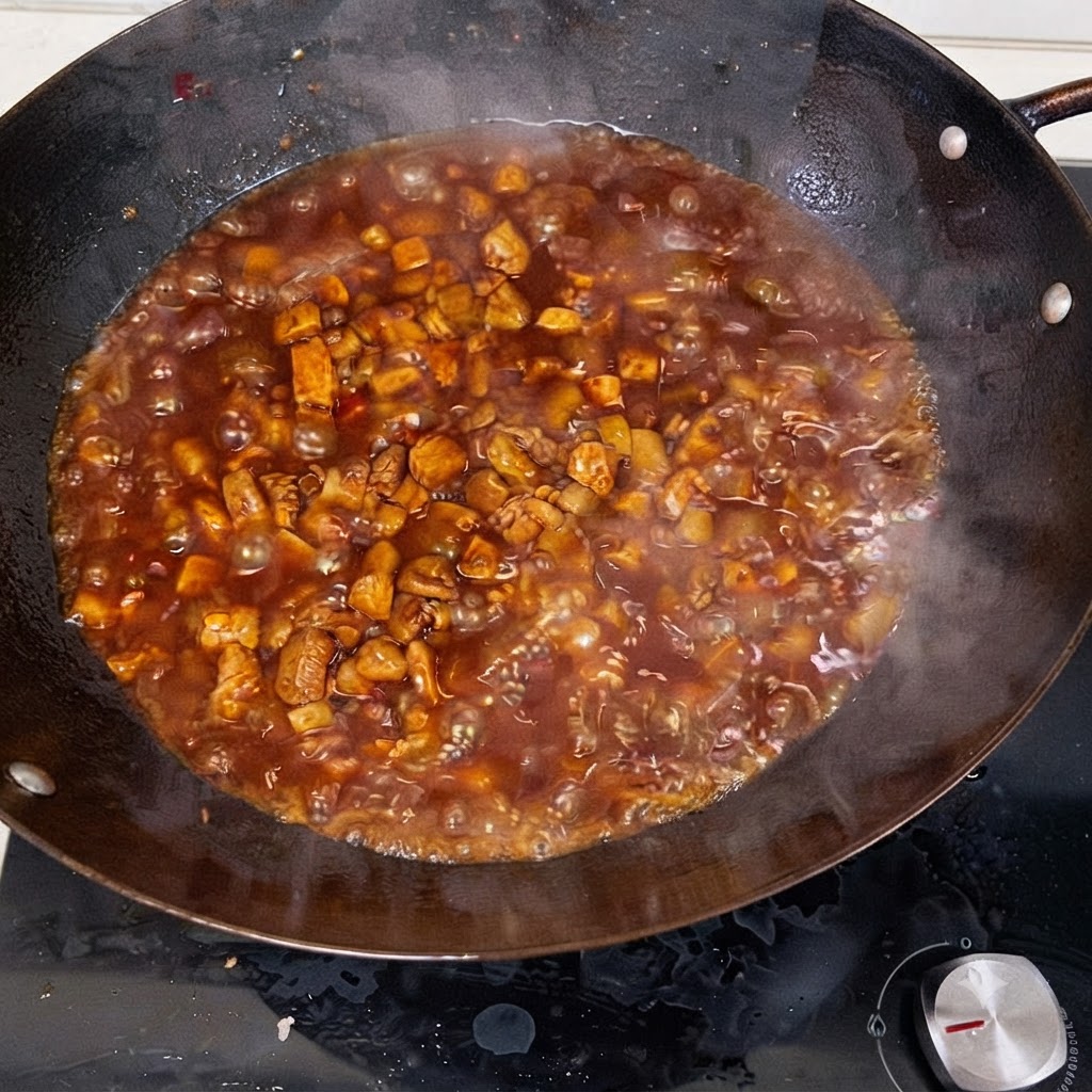 Hot water being poured into the wok containing simmering meat and sauce.