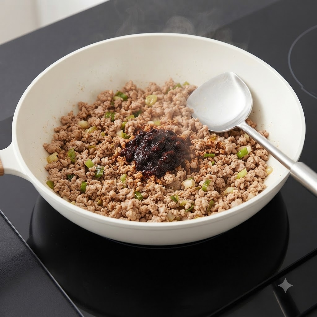 Dark bean sauce being added to a pan of cooked minced pork and scallions.