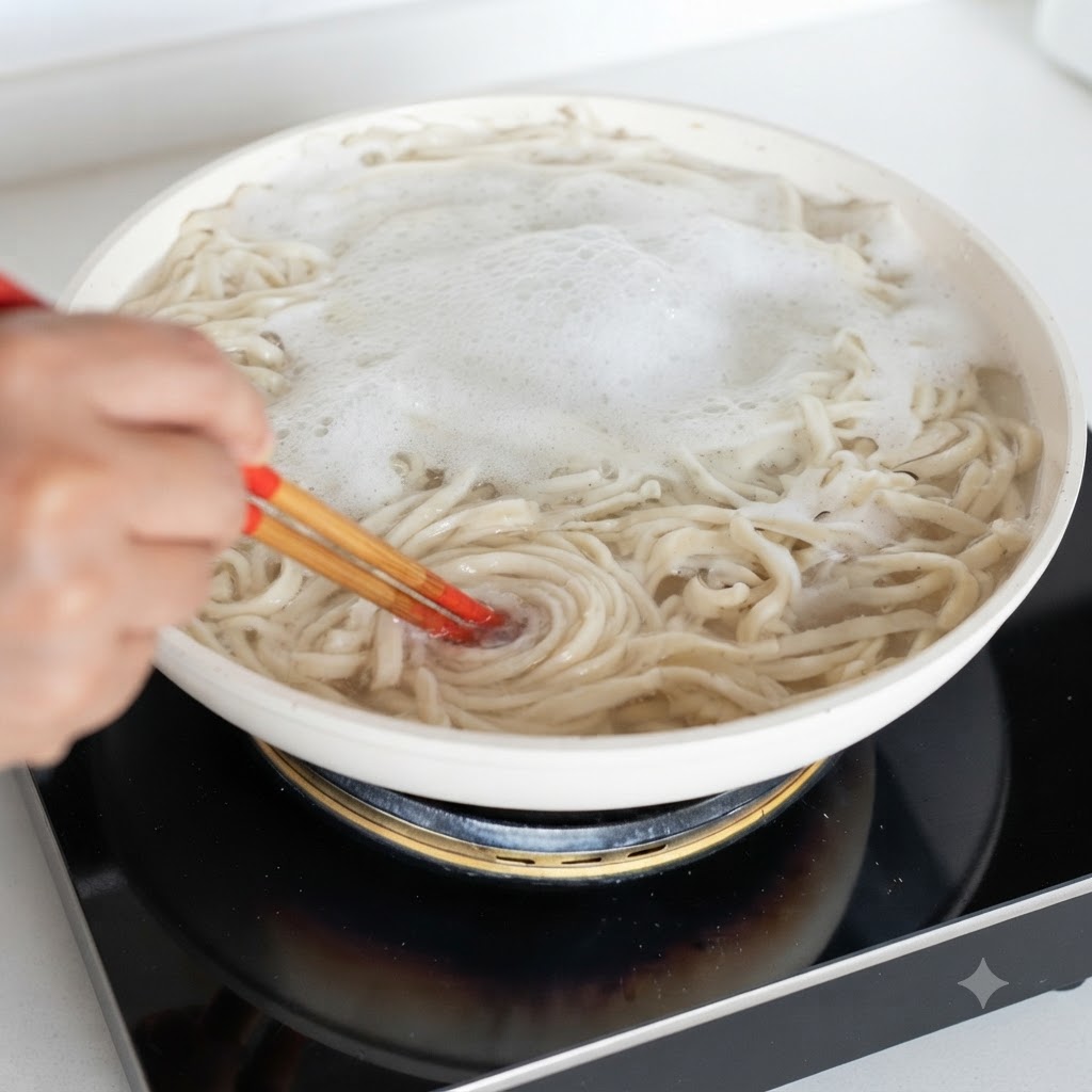 Noodles cooking in a pot of boiling water with bubbles forming on top.