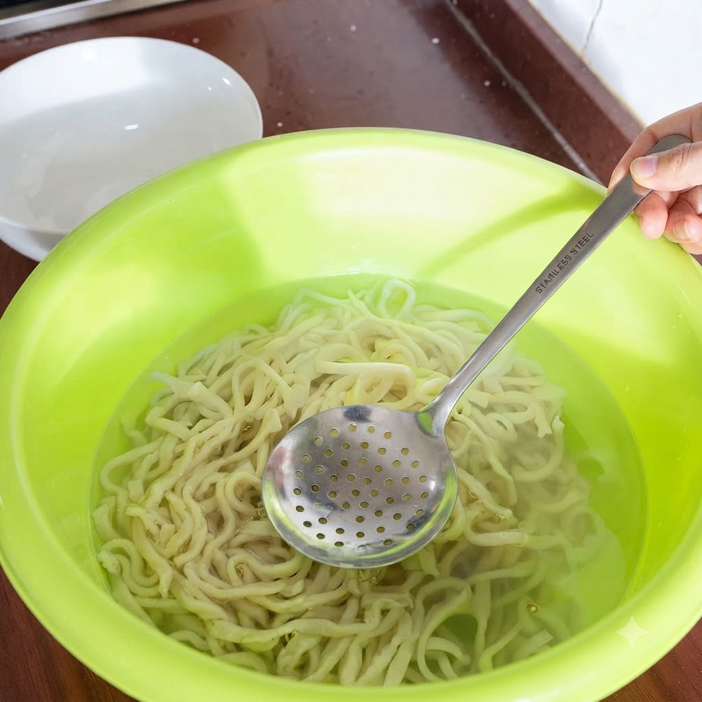 Cooked noodles being rinsed in a basin of cold water using a slotted spoon.