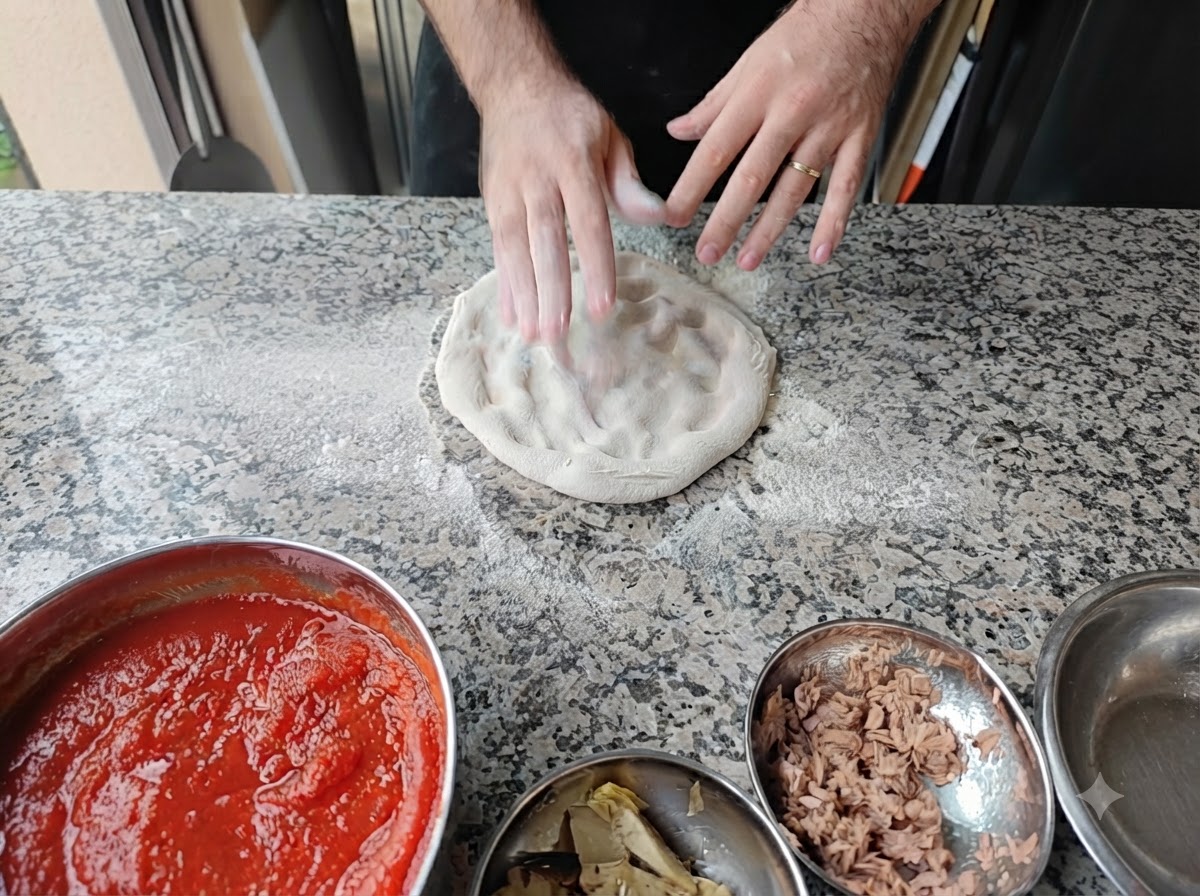 Hands patting down a round piece of pizza dough on a floured table.