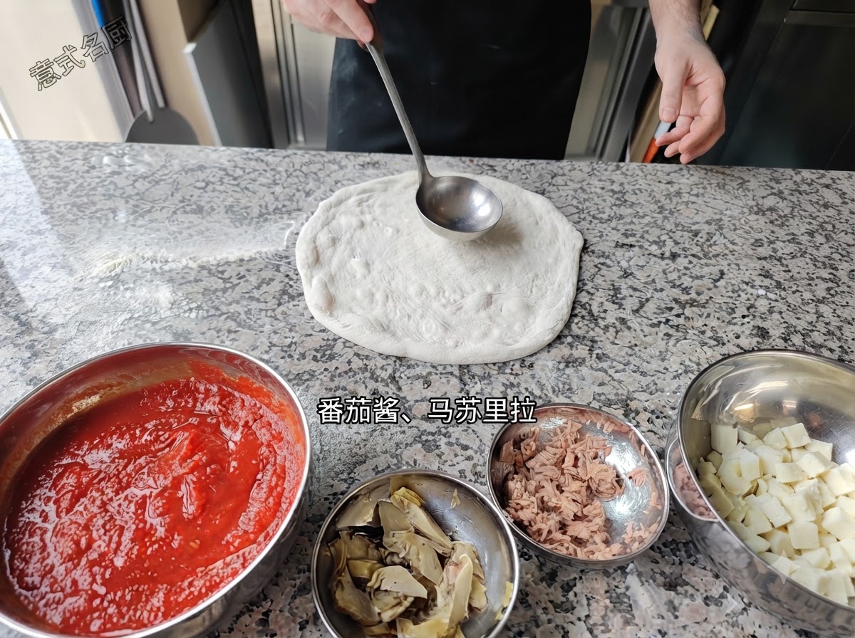 A metal ladle spreading red tomato sauce onto a flat pizza base.