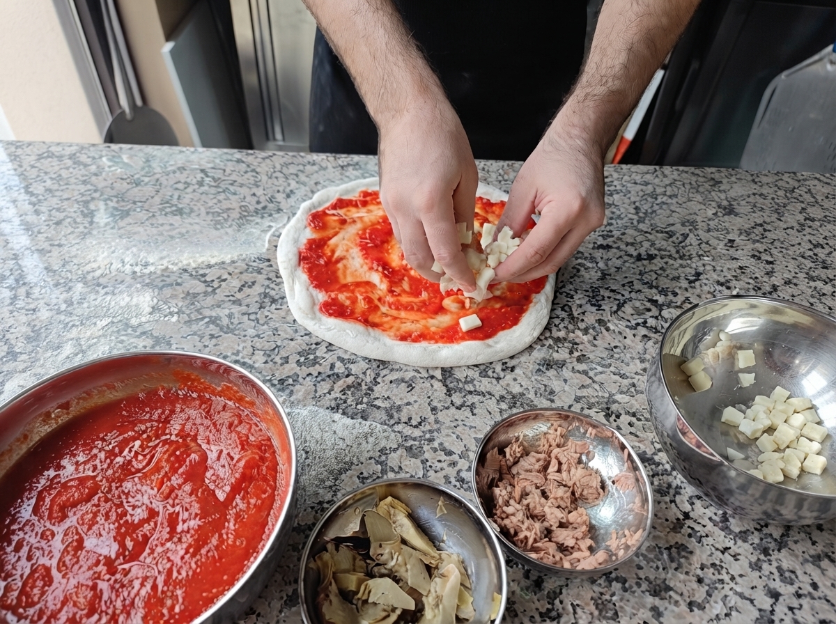 Hands placing cubed white mozzarella cheese over a sauce-covered pizza base.