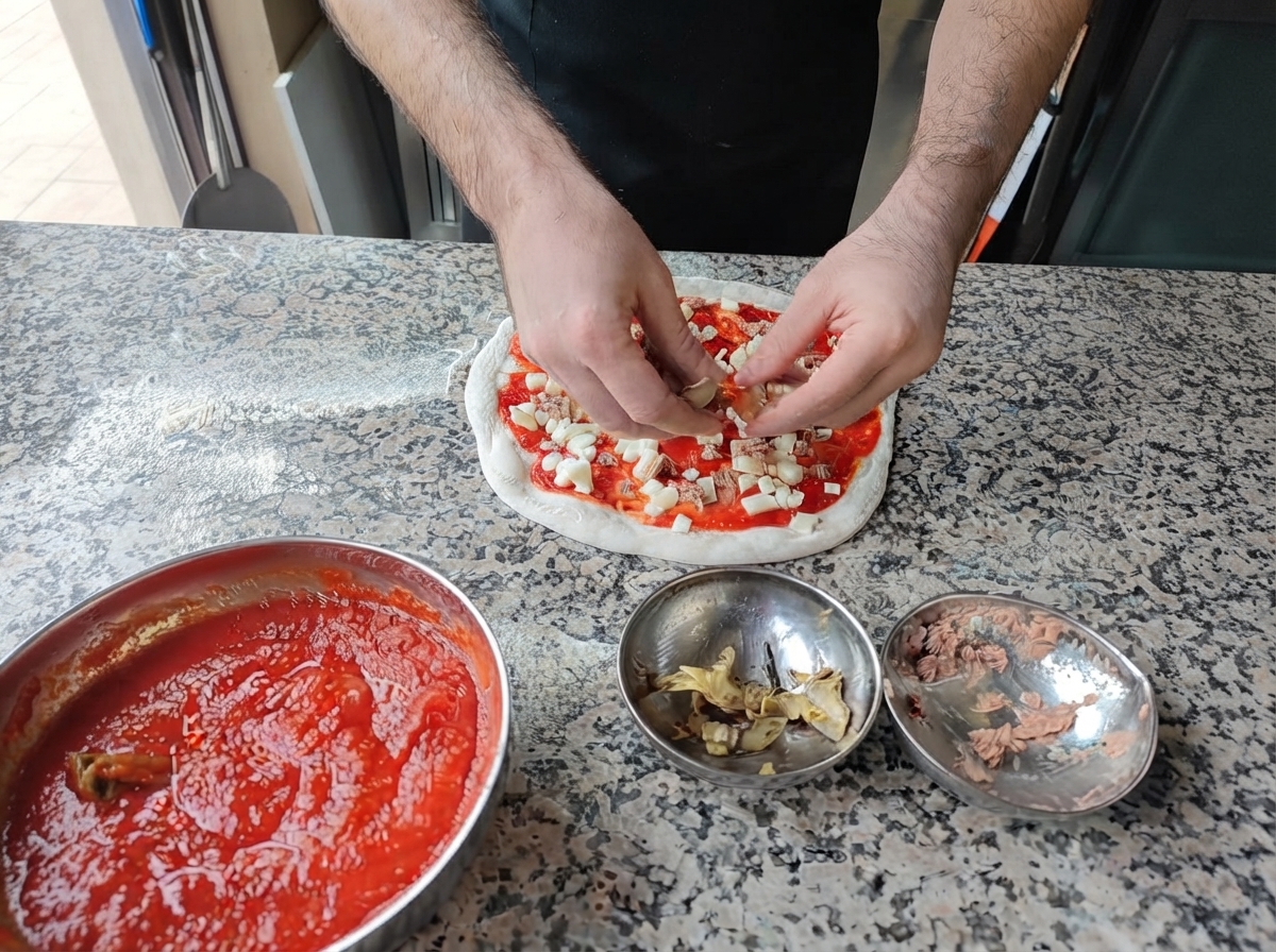 Hands placing flaked tuna and roasted artichoke pieces onto a raw pizza covered with tomato sauce and cheese.