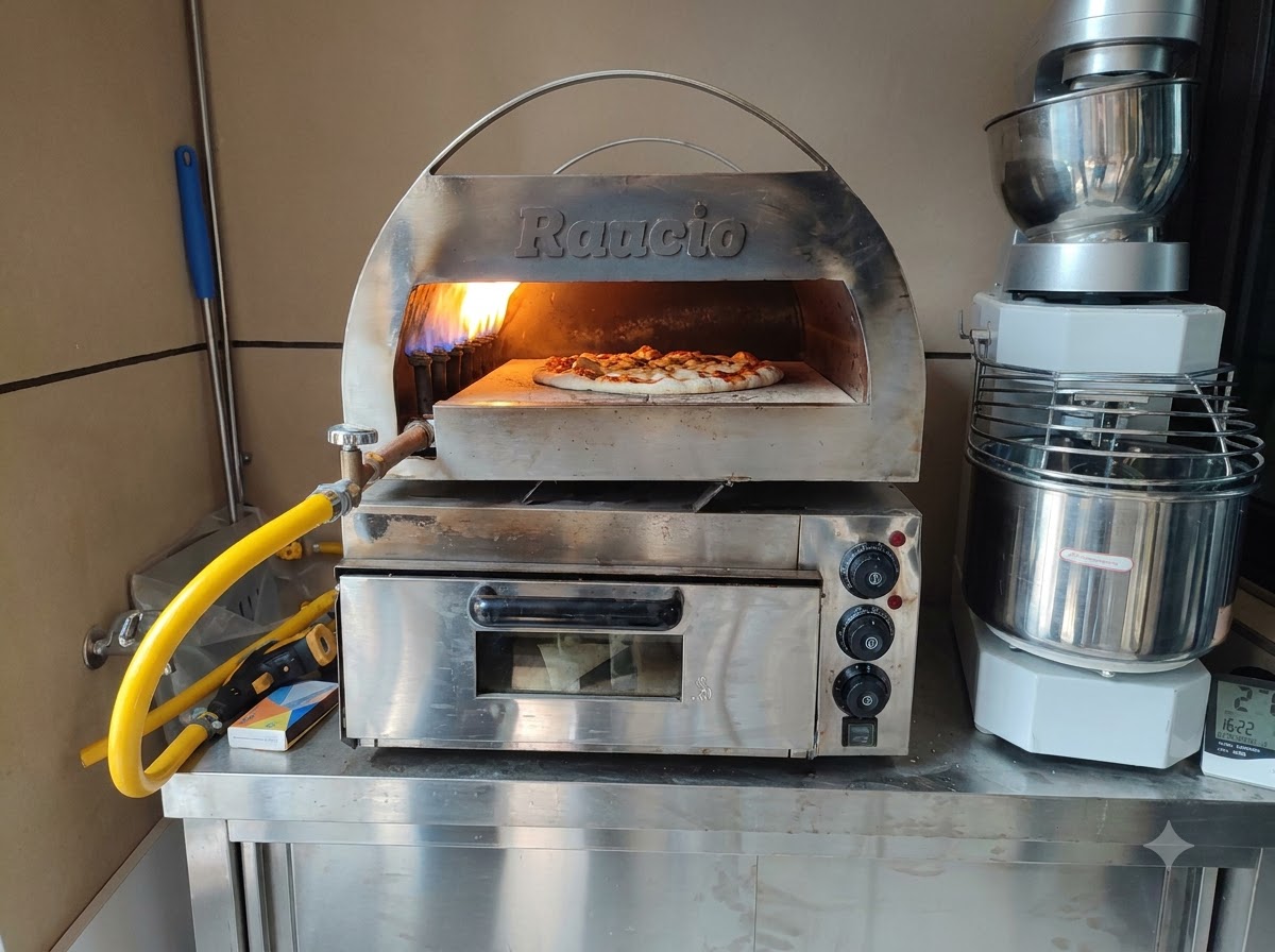 A raw pizza baking inside a stainless steel countertop pizza oven with a bright rolling flame at the back.