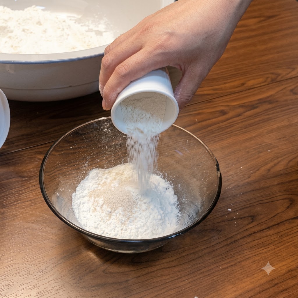 Yeast and water being poured into a glass bowl containing flour.