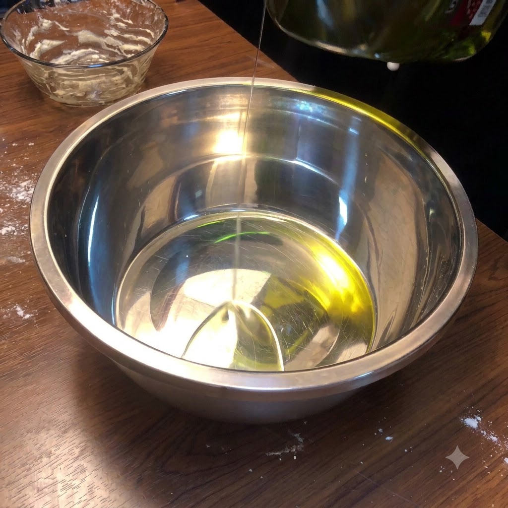 Olive oil being poured into the bottom of a shiny stainless steel mixing bowl.