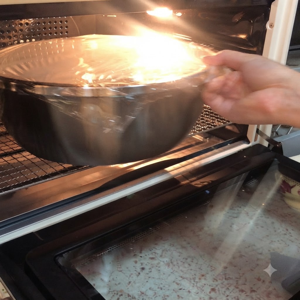 A covered bowl of dough being placed onto the oven rack under the light.