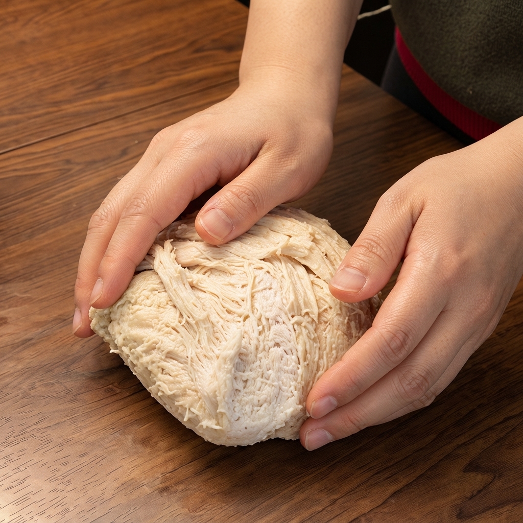 Hands shaping and dividing a portion of fermented pizza dough on a wooden surface.