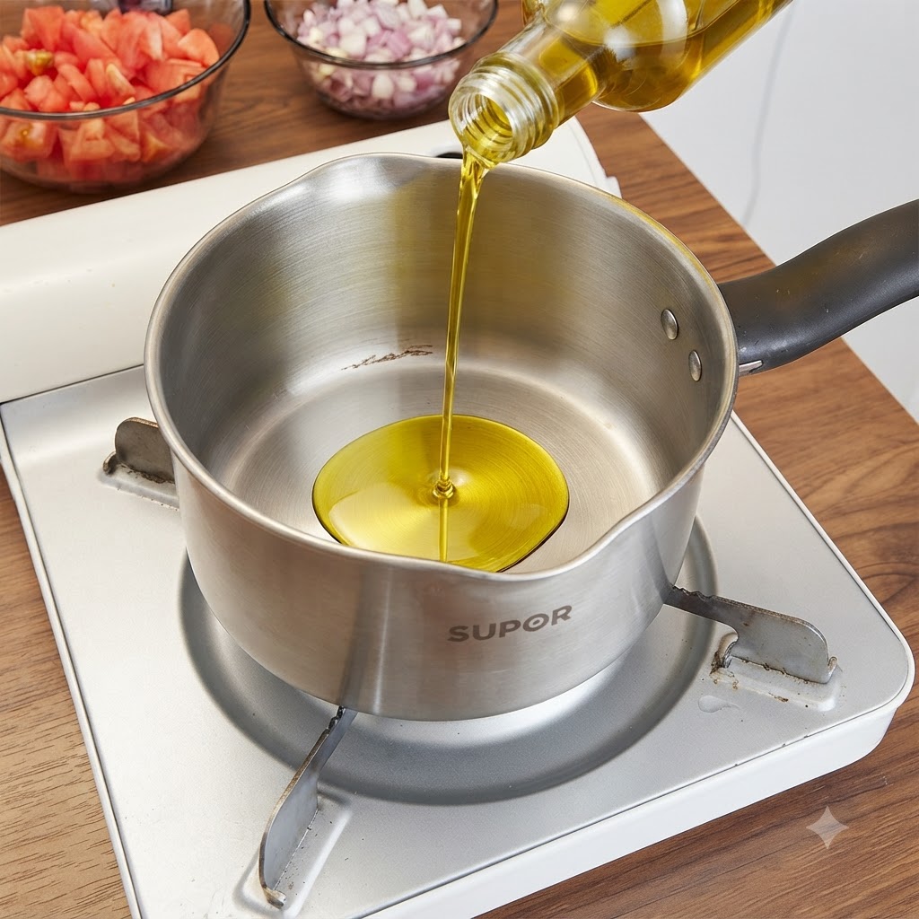 Olive oil being poured into a metal saucepan on a portable stove with chopped tomatoes and onions nearby.