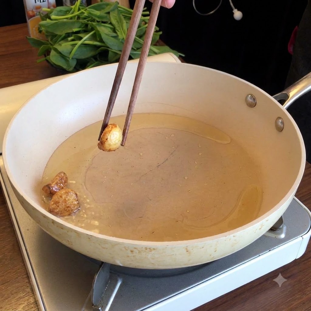 Chopsticks holding a piece of fried garlic over a pan with oil, with fresh spinach piled in the background.