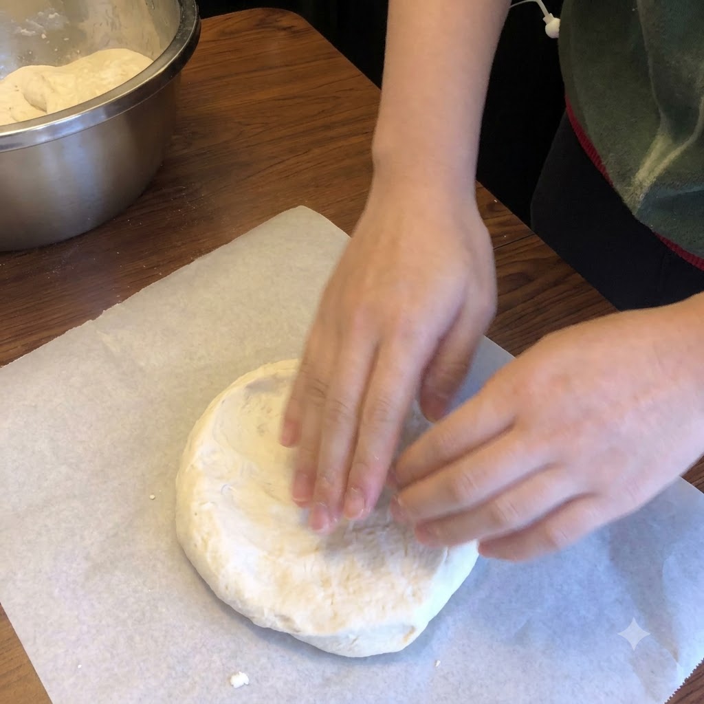 Hands pressing and spreading out fermented pizza dough evenly on parchment paper.