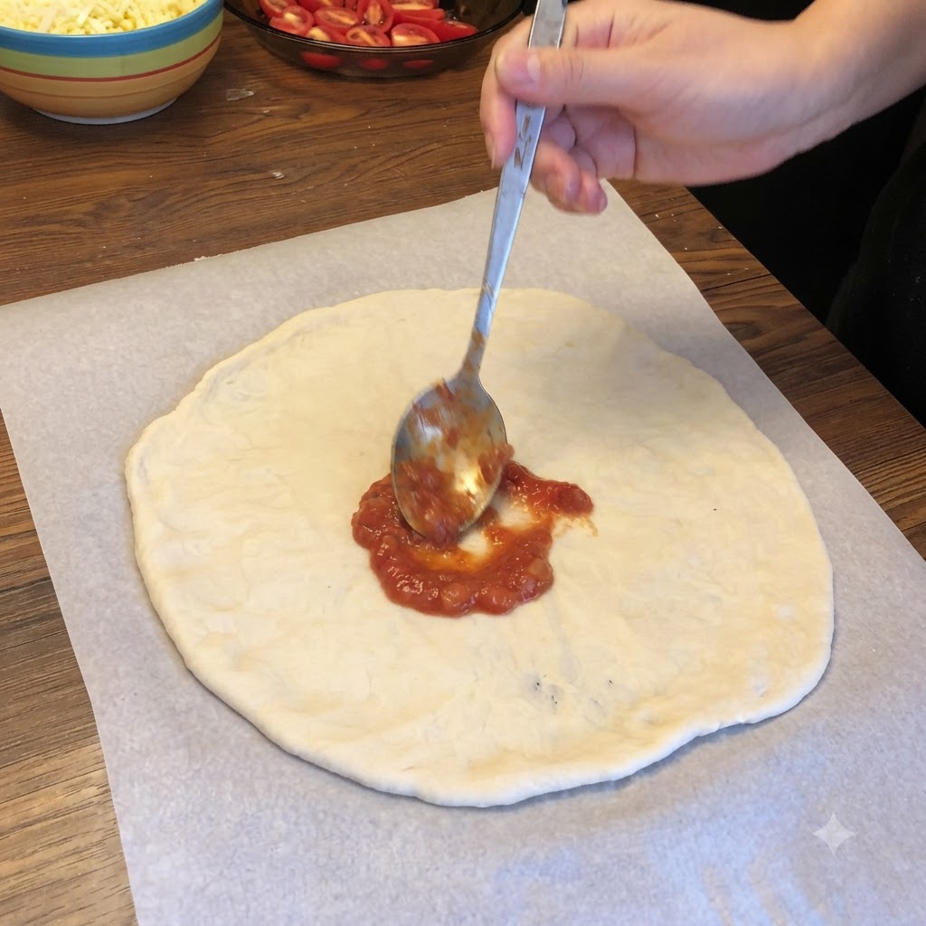 Spoon spreading red tomato sauce in circular motions over a round pizza dough base.