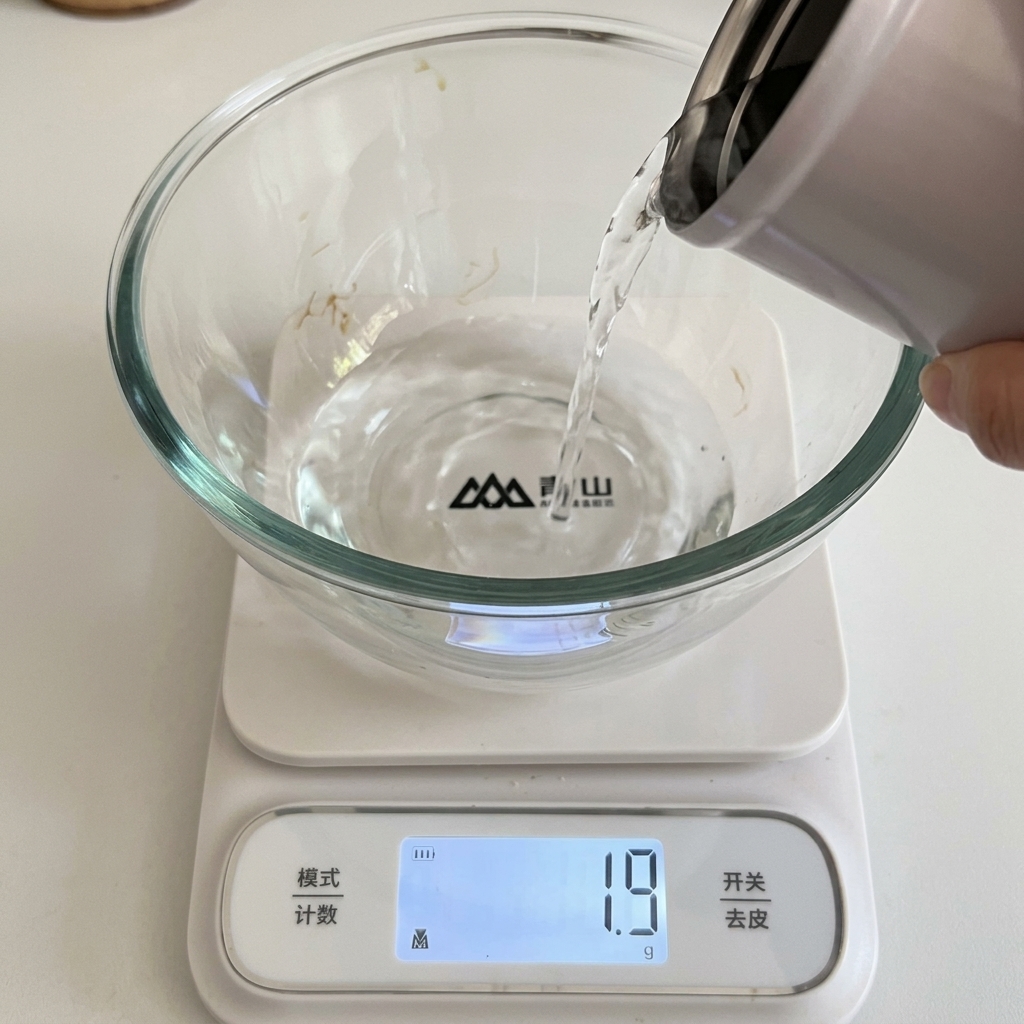 Water and active dry yeast being measured out in a glass bowl on a kitchen scale.