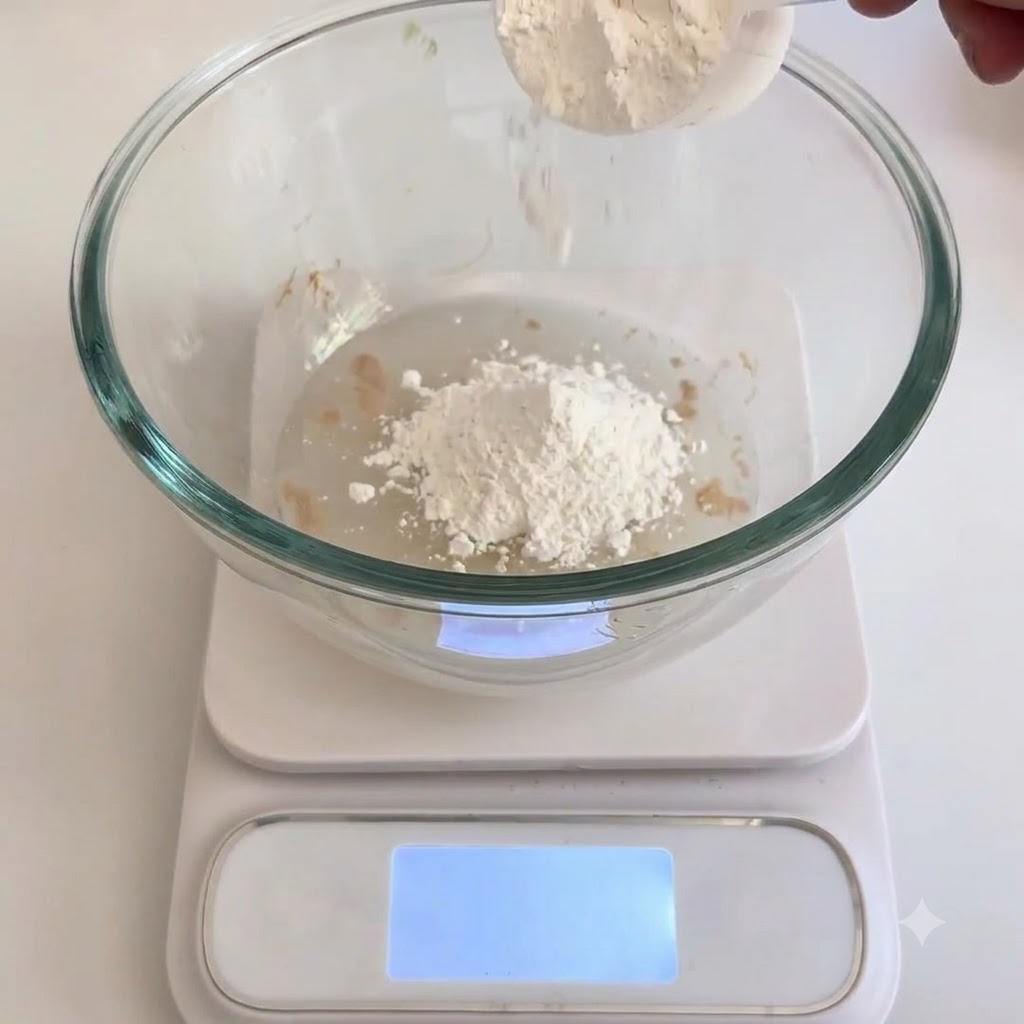 Bread flour and salt being poured into a glass bowl with water and yeast.