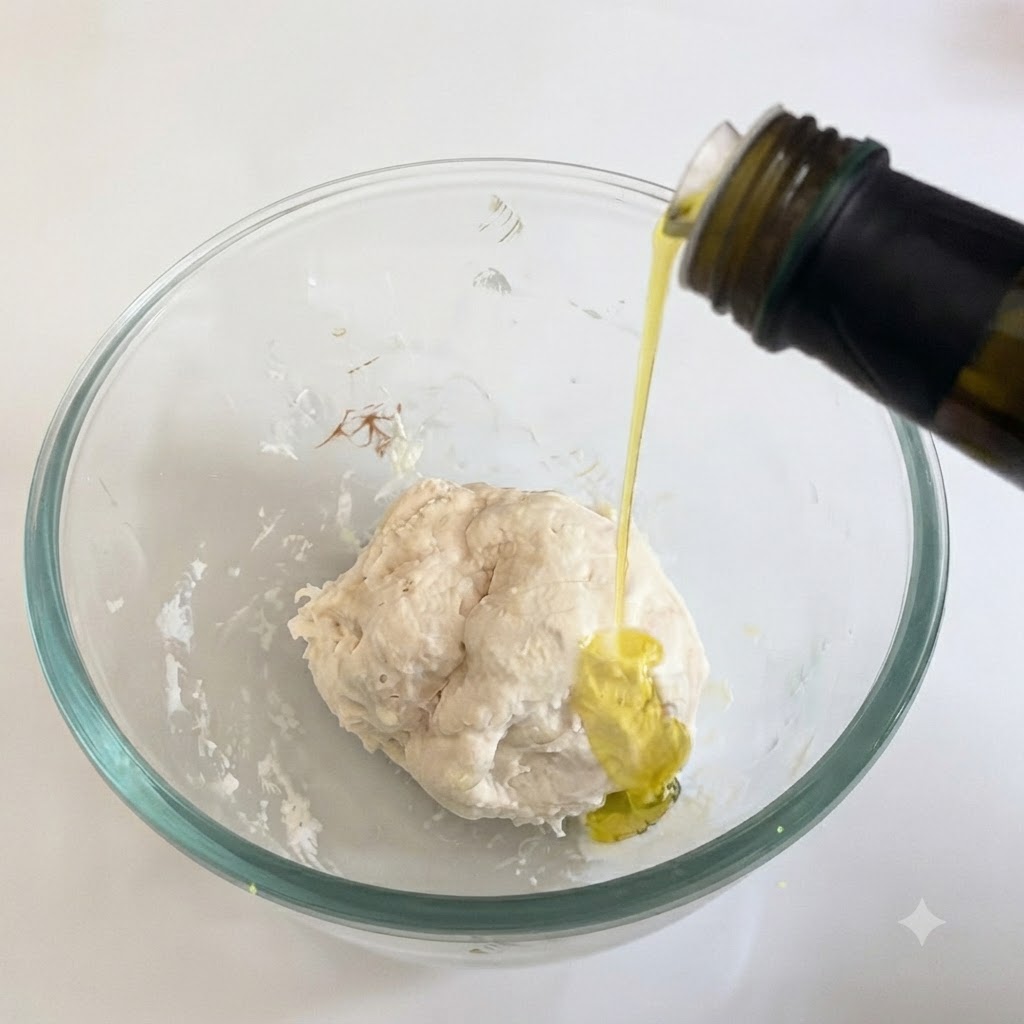 Olive oil streaming onto a ball of pizza dough in a glass bowl.