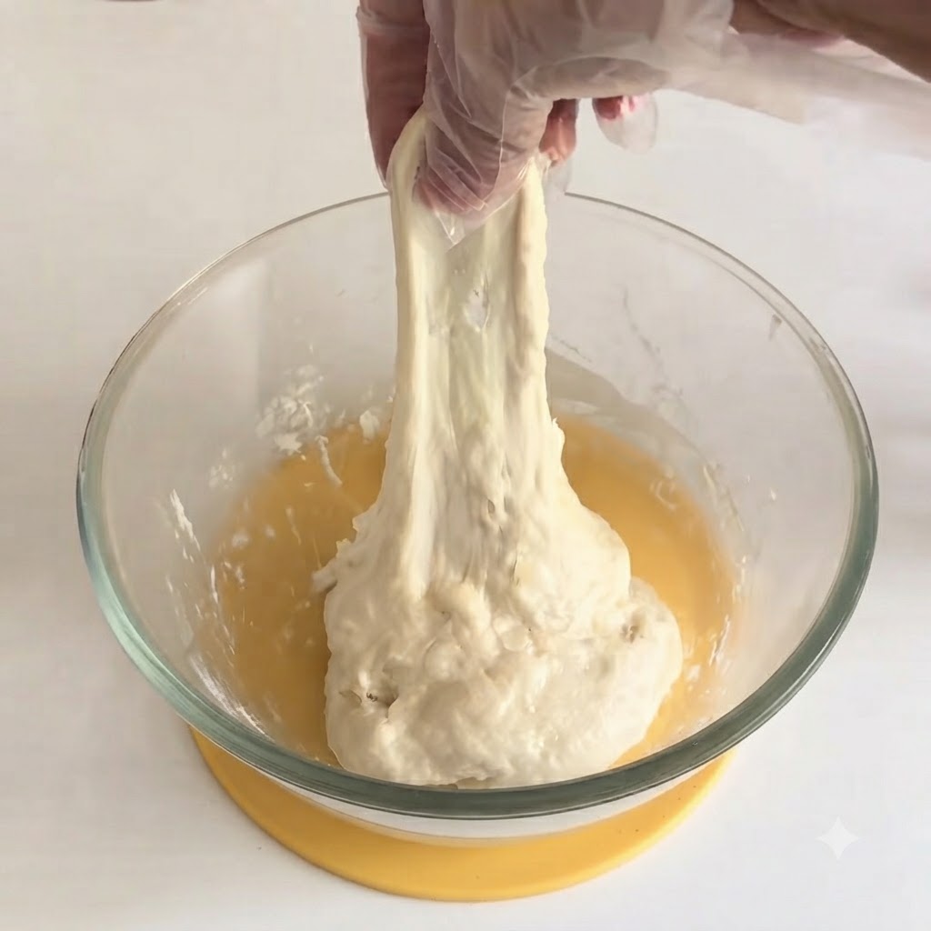 A hand wearing a glove stretching pizza dough upward from a bowl.