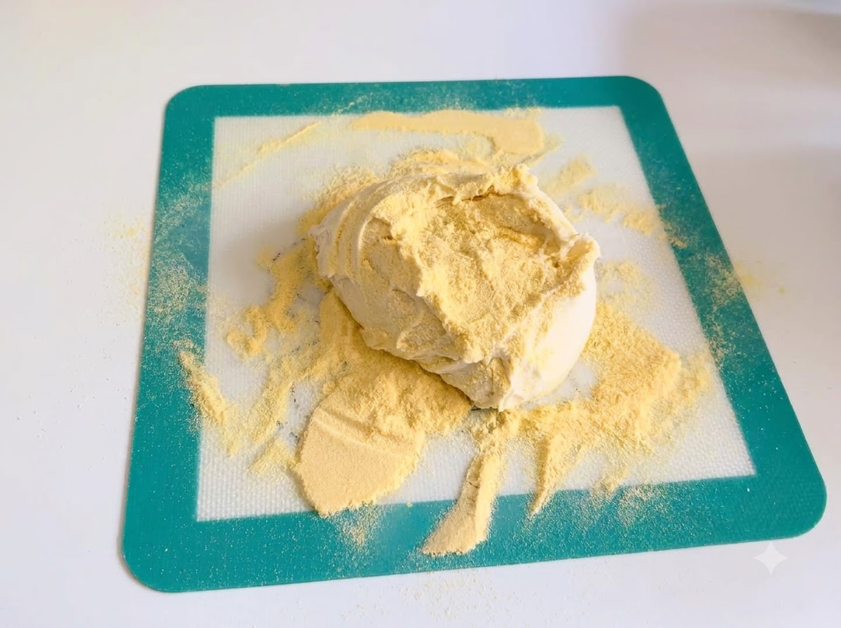 Dough on a silicone mat covered with a layer of yellow cornmeal.