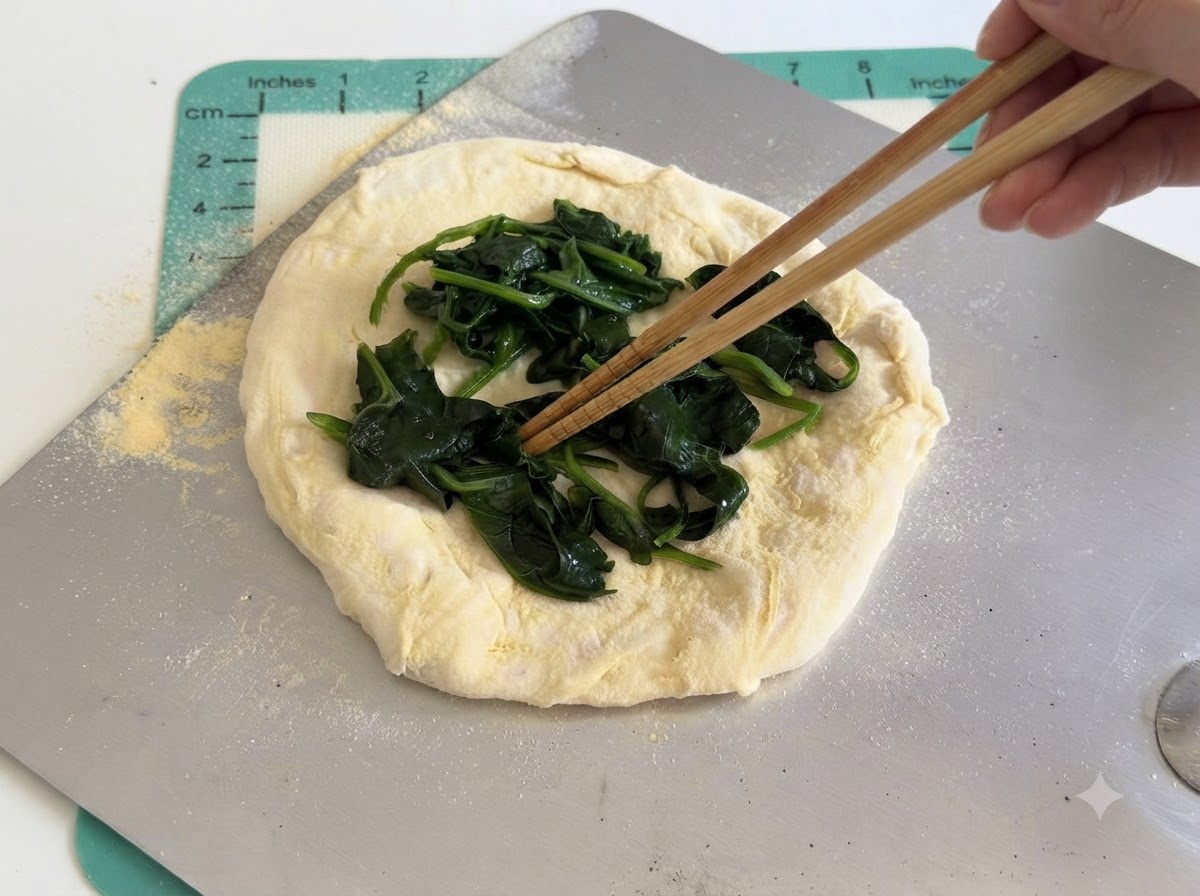 Chopsticks placing cooked spinach onto a round piece of pizza dough.