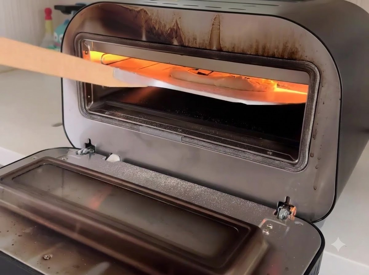 Pizza being transferred on a wooden peel into the hot interior of a compact baking oven.