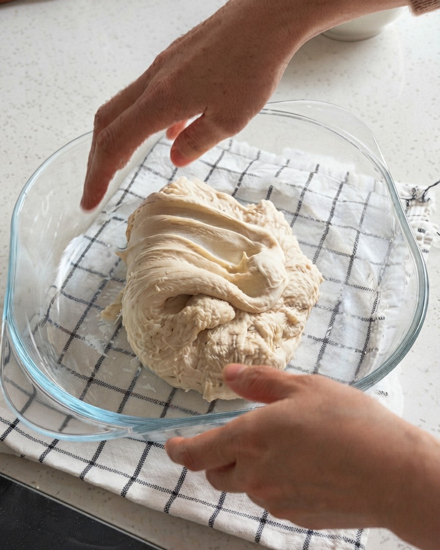 Hands reaching into a clear glass container to stretch and fold a mound of pizza dough.