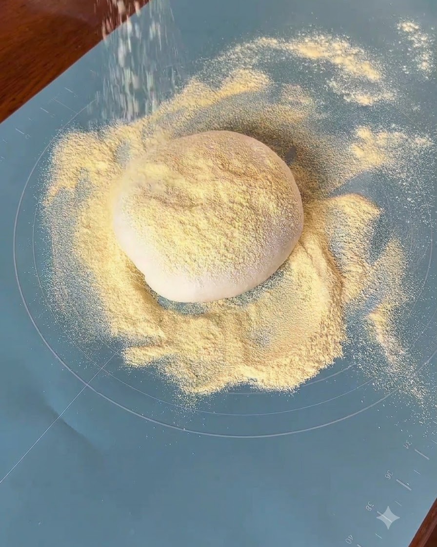 Yellow cornmeal being sprinkled from above onto a round pizza dough ball resting on a blue silicone baking mat.
