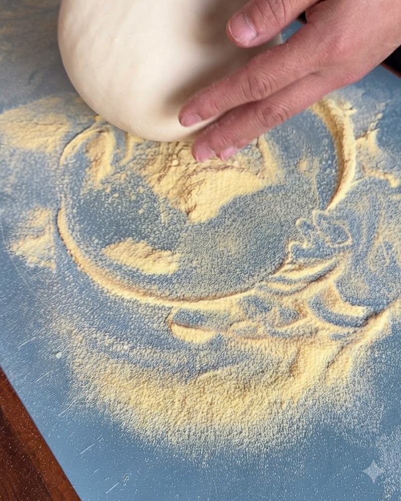 A round ball of dough resting on a blue work surface dusted with yellow cornmeal.