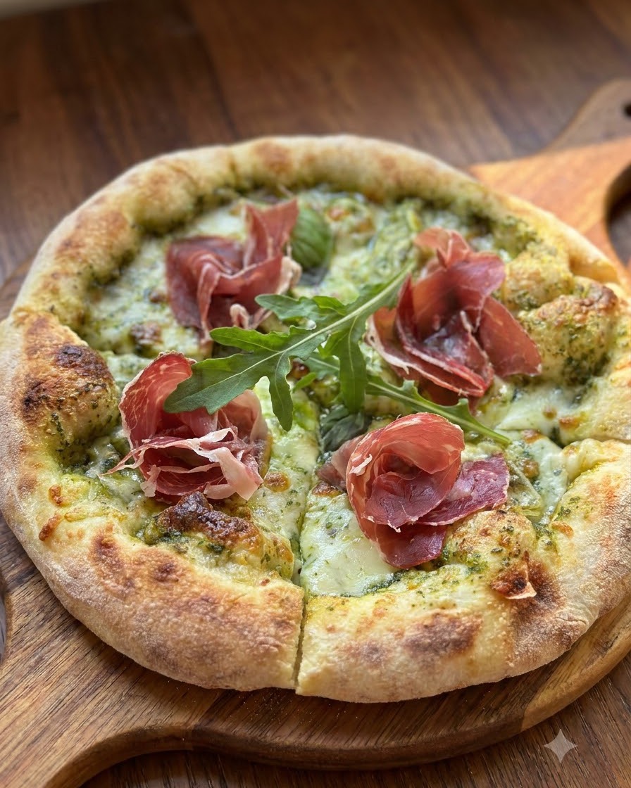 A freshly baked pizza on a wooden board decorated with folds of cured ham and fresh green arugula leaves.