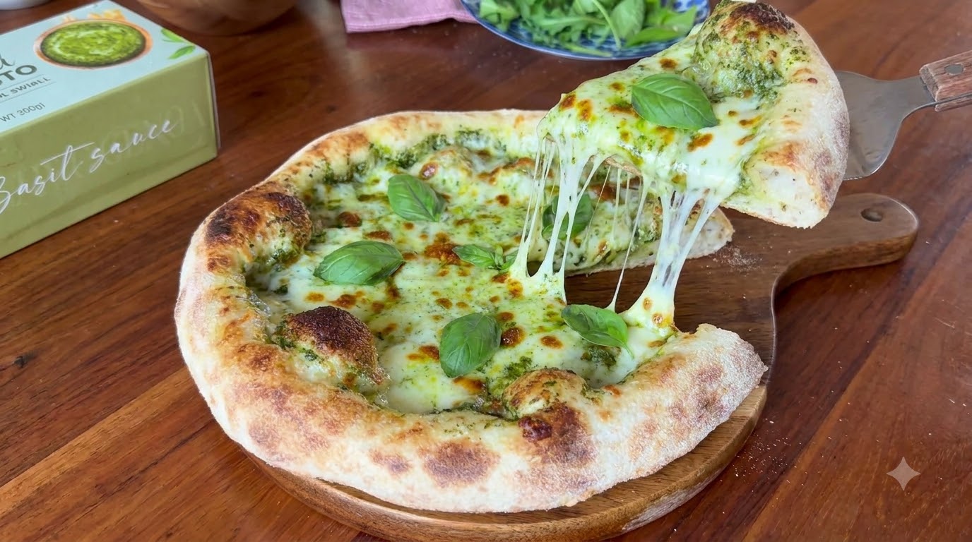 A freshly baked basil pesto pizza on a wooden serving board, showing long cheese pulls and a garnished slice.