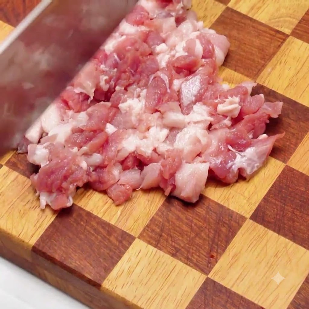 Pork belly meat being carefully diced into small cubes on a wooden cutting board with a sharp knife.