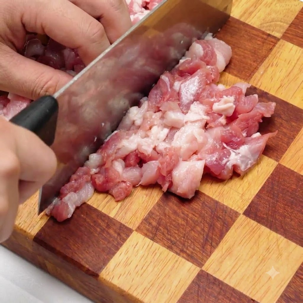 White mushrooms being sliced and chopped into small dice on a wooden board.