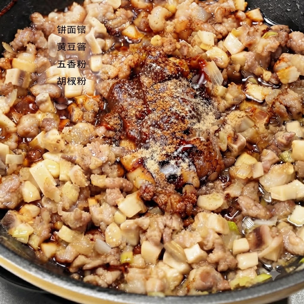 Clear water being poured into the pan containing browned minced pork and diced mushrooms with mixed sauces and spices.