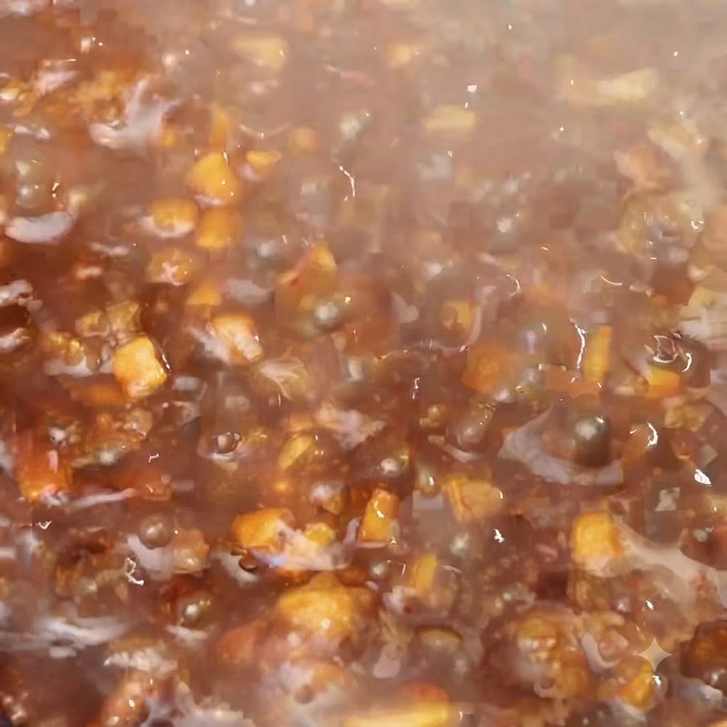 Water starch being drizzled into the bubbling meat sauce in the pan.