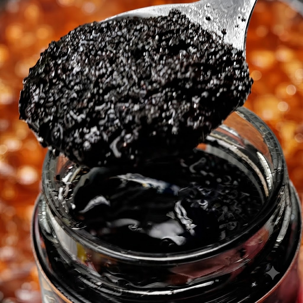 A spoonful of black truffle paste held above a glass jar, ready to be added to the dish.