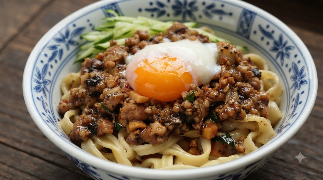 A bowl of artisanal wide noodles tossed in rich truffle minced pork sauce, topped with a runny onsen egg and fresh cucumber shreds.