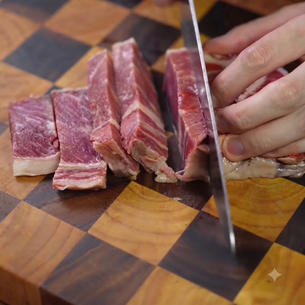 A sharp kitchen knife slicing a piece of raw ribeye steak into even strips on a wooden cutting board.